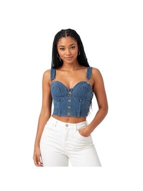 Y2K Denim Bustier Crop Top Corset Button Front Blue Jean Top L